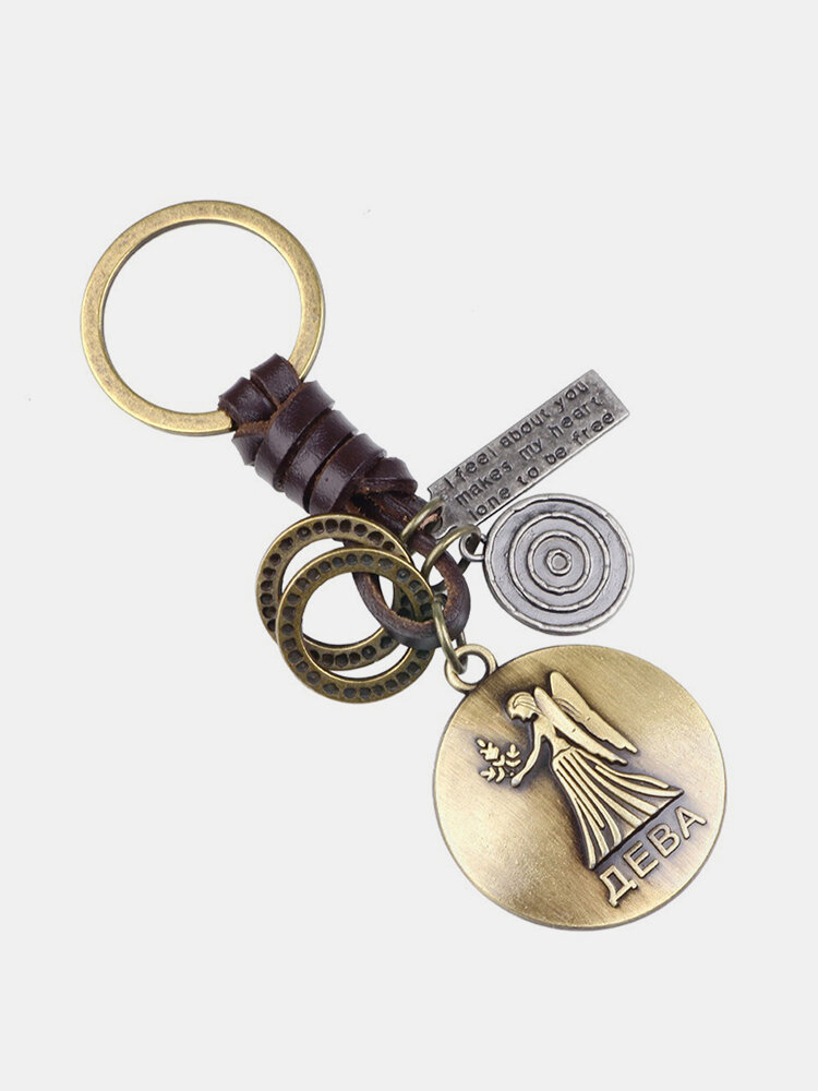 Retro Twelve constellation Woven Keychain Soft Leather Cord Keychain For Men