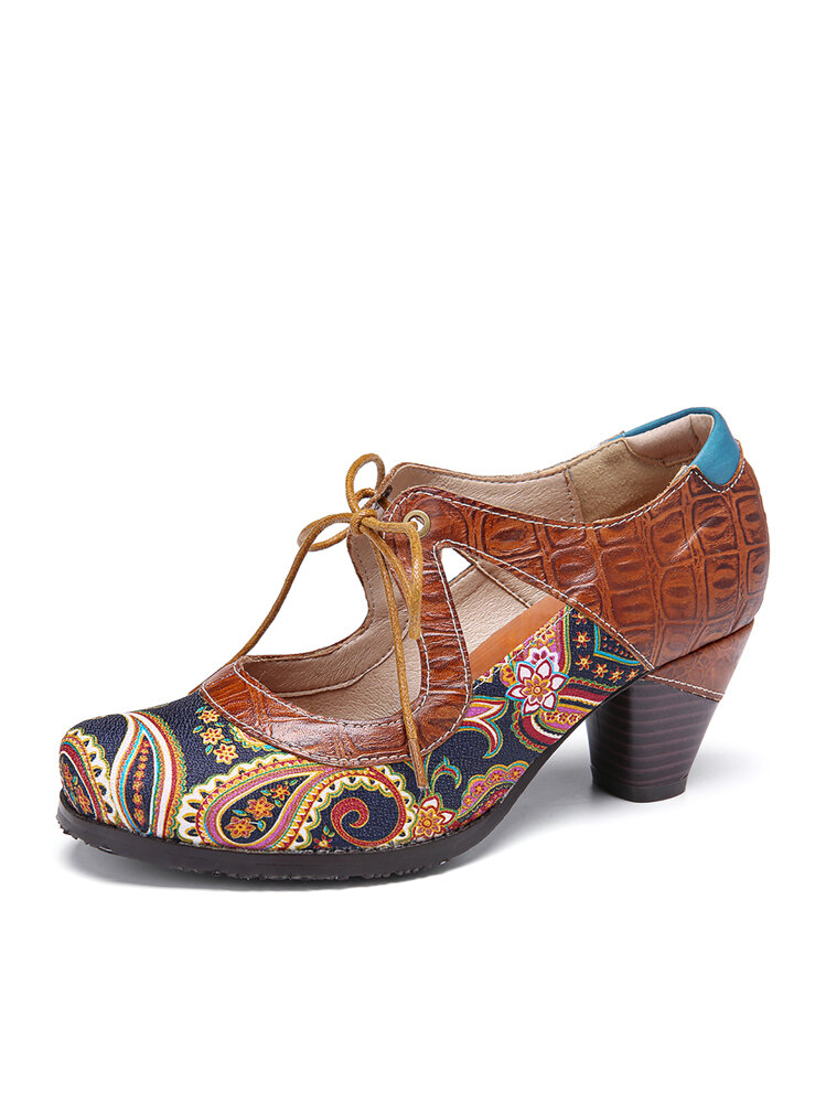 

SOCOFY Vintage Paisley Splicing Leather Cutout Lace up Chunky Heel Pumps, Coffee