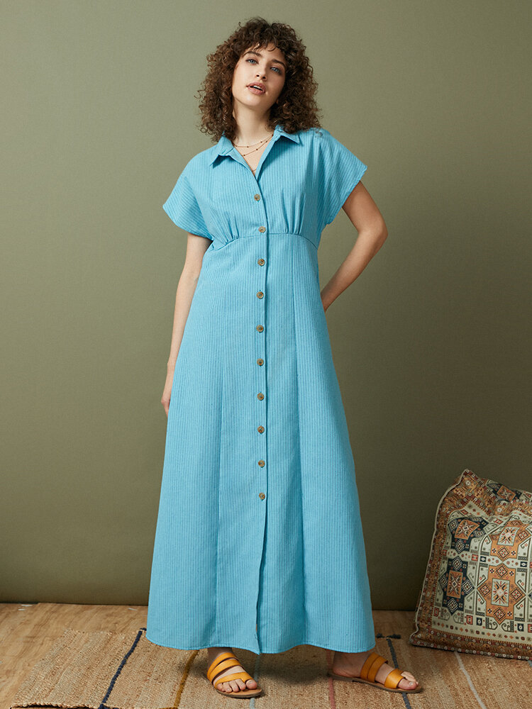 Полосатый лацкан с короткими рукавами на пуговицах Рубашка Maxi Платье