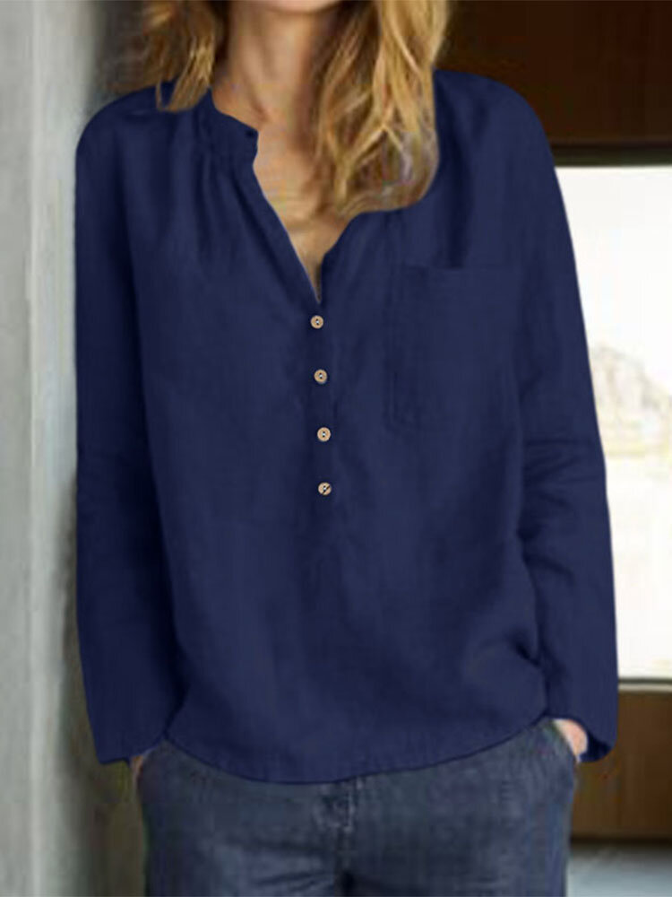 Однотонная блузка с длинным рукавом и пуговицами спереди с карманом и V-образным вырезом
