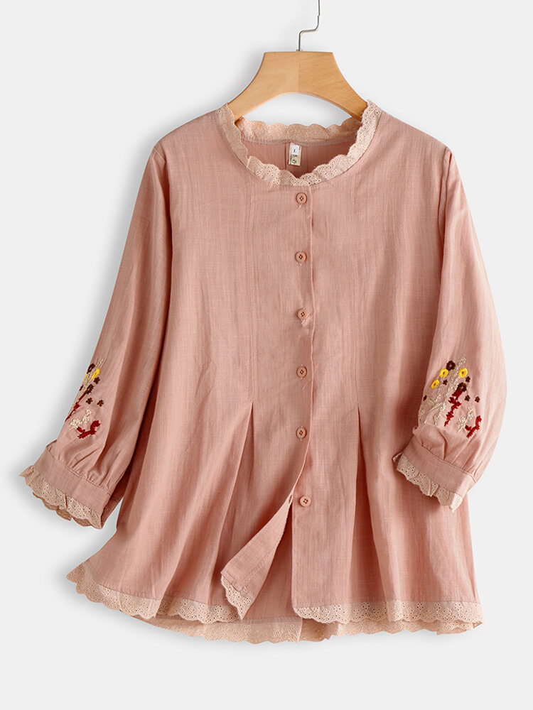 Flower Embroidered Lace Patchwork 3/4 Sleeve Blouse