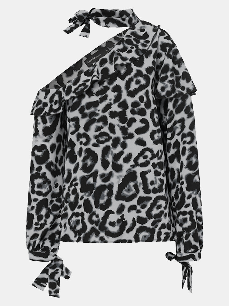 Leopard Print Off Shoulder Ruffle Patchwork Long Sleeve Blouse