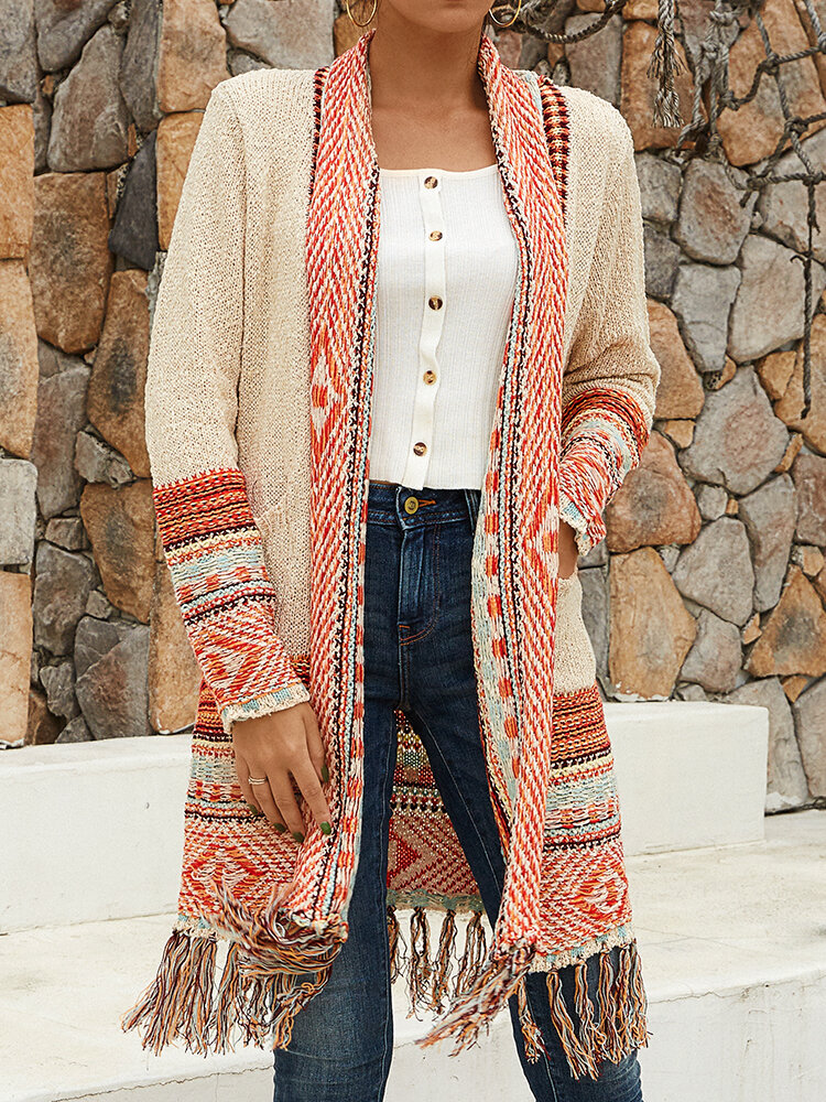 Nomadic Tribal Pattern Pocket Long Sleeve Knit Cardigan