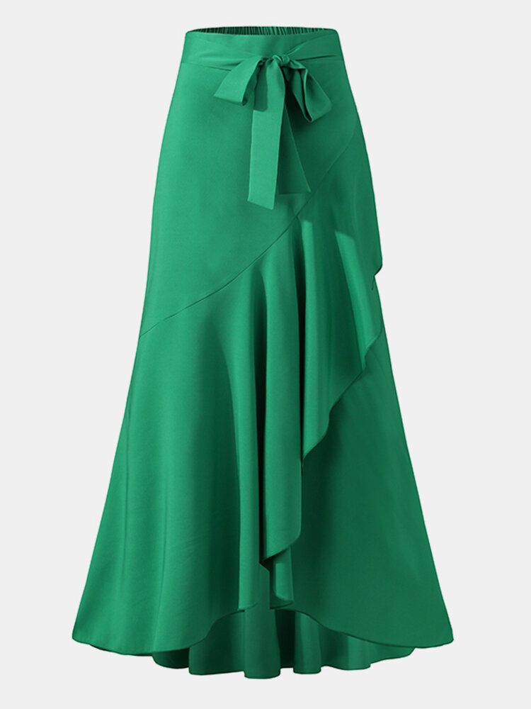 Stylish Solid Color Ruffle Waistband Asymmetrical Long Elegant Skirt ...