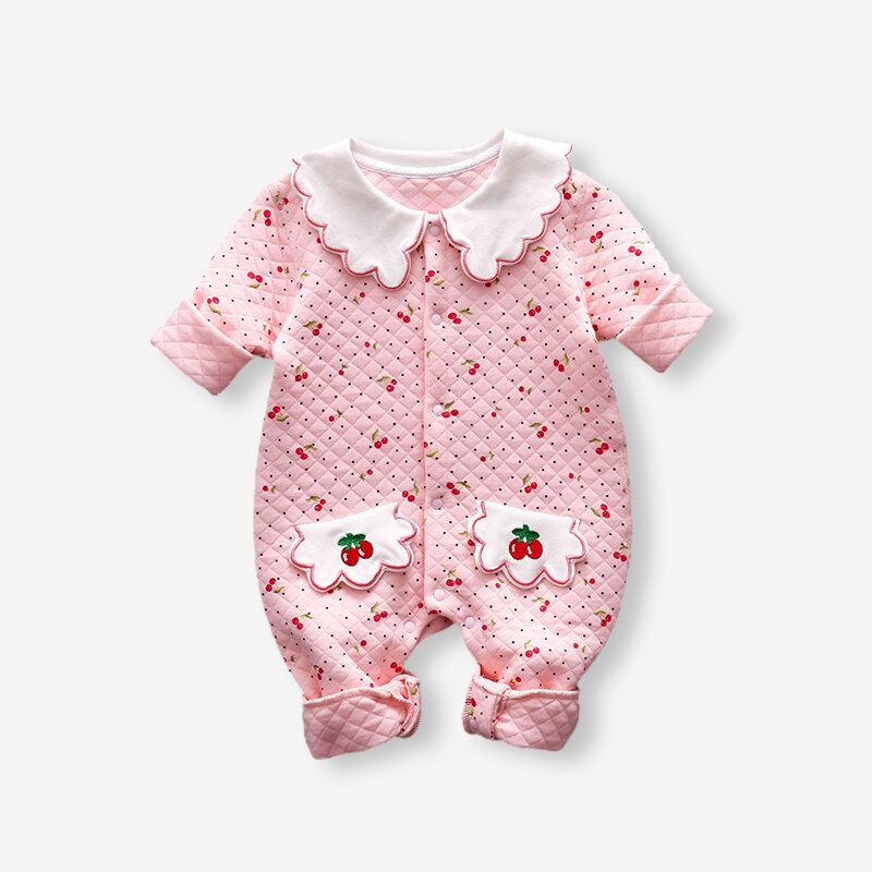 

Baby Cherry Print Rompers For 3-18M, White;pink