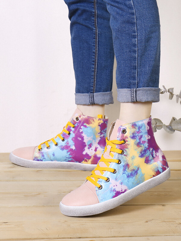 SOCOFY Women Colorful Tie-dye Printed Comfy Round Toe Lace Up Casual Sneakers Running Walking Shoes Stitching Skate Shoes High-top Sport Shoes For Easter Gifts