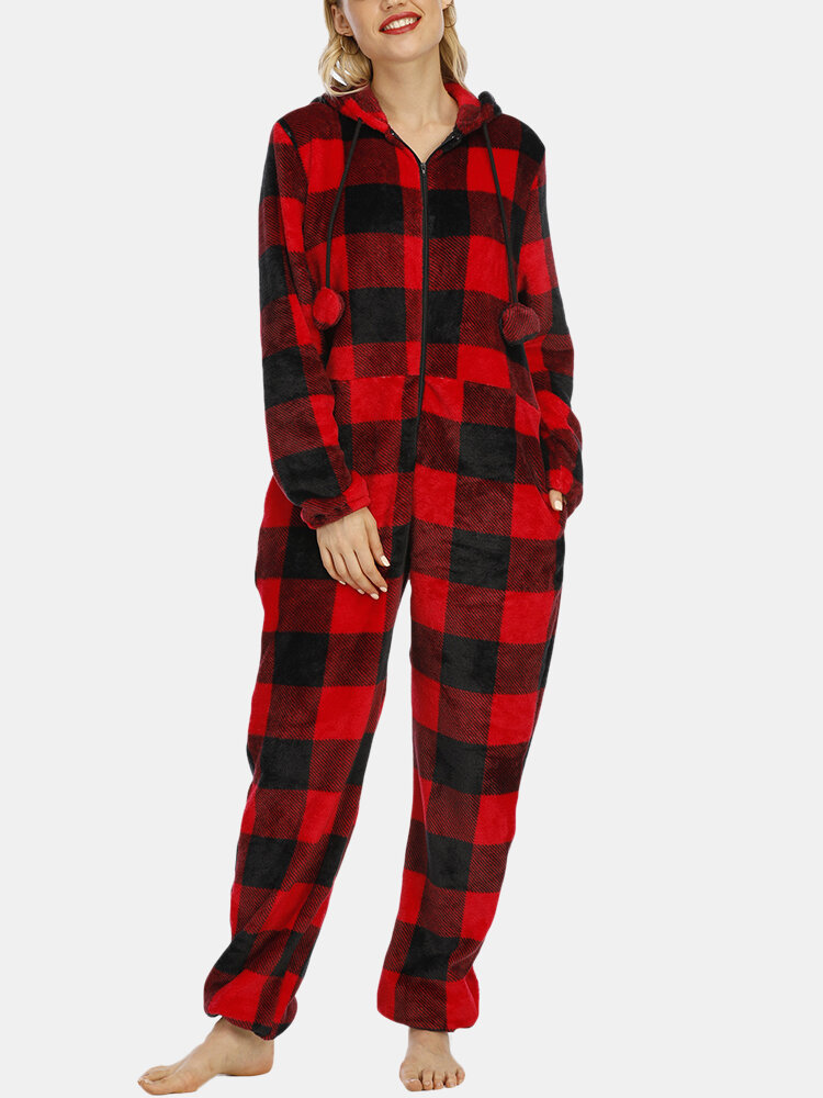 Women Plaid Flannel Zipper Front Plus Size Jumpsuit Home Hooded Onesies With Fluffy Ball