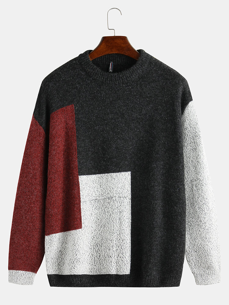 Mens Casual Patchwork Round Neck Loose Fit Sweater