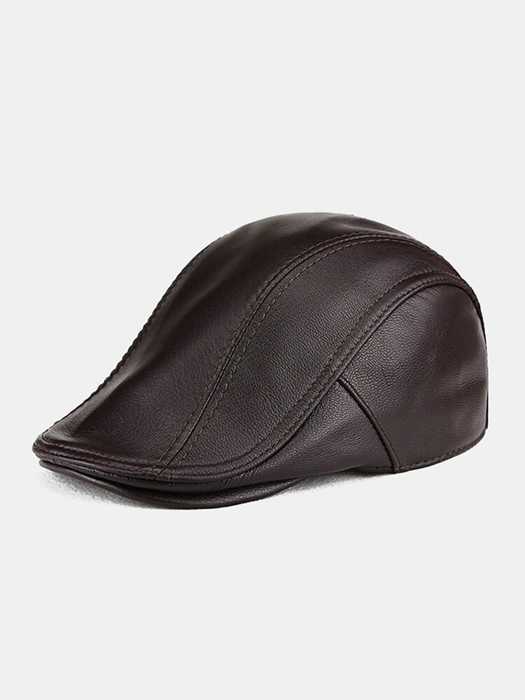 Men Sheep Leather Solid Color Patchwork Casual Windproof Beret Flat Cap
