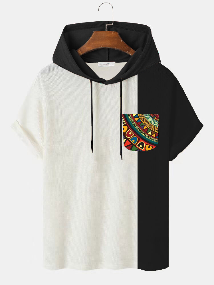 Mens Ethnic Geometric Pocket Patchwork Knit Hooded T-Shirts
