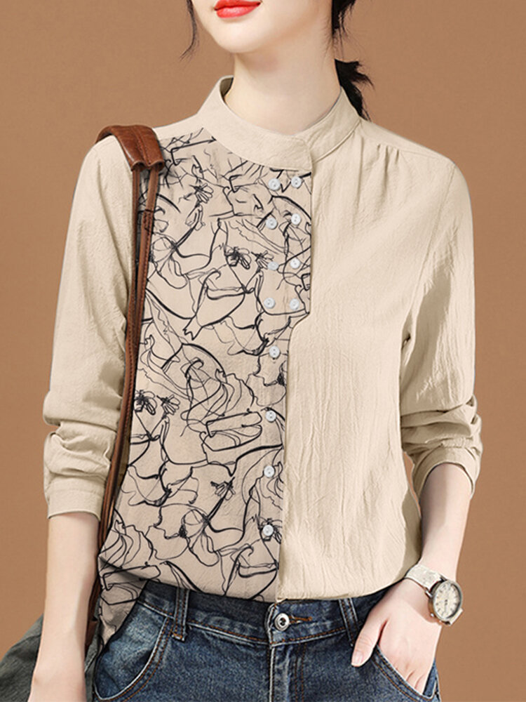 女性抽象プリント パッチワーク スタンドカラー コットン シャツ