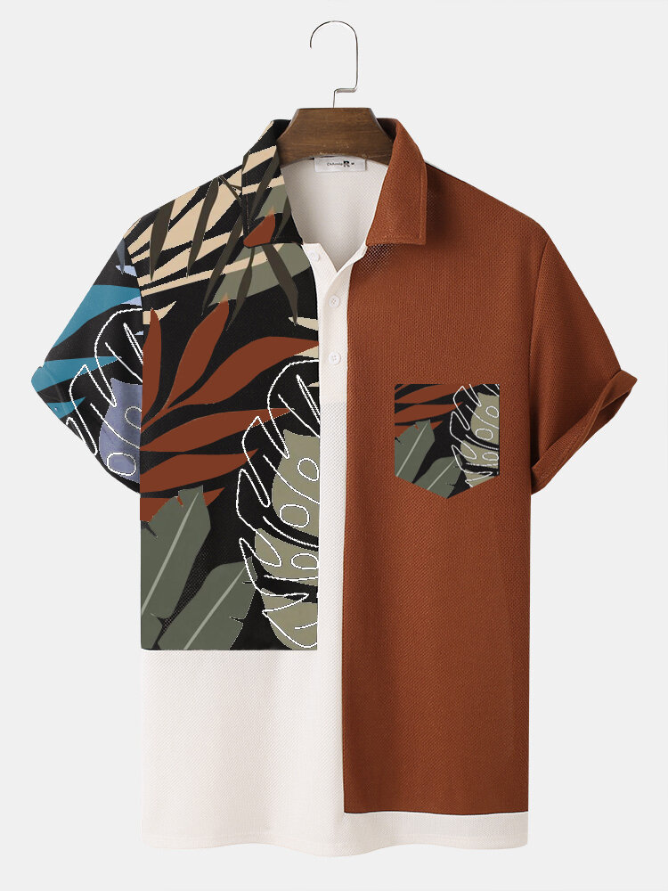 Mens Leaf Print Patchwork Knitted Short Sleeve Golf Shirts