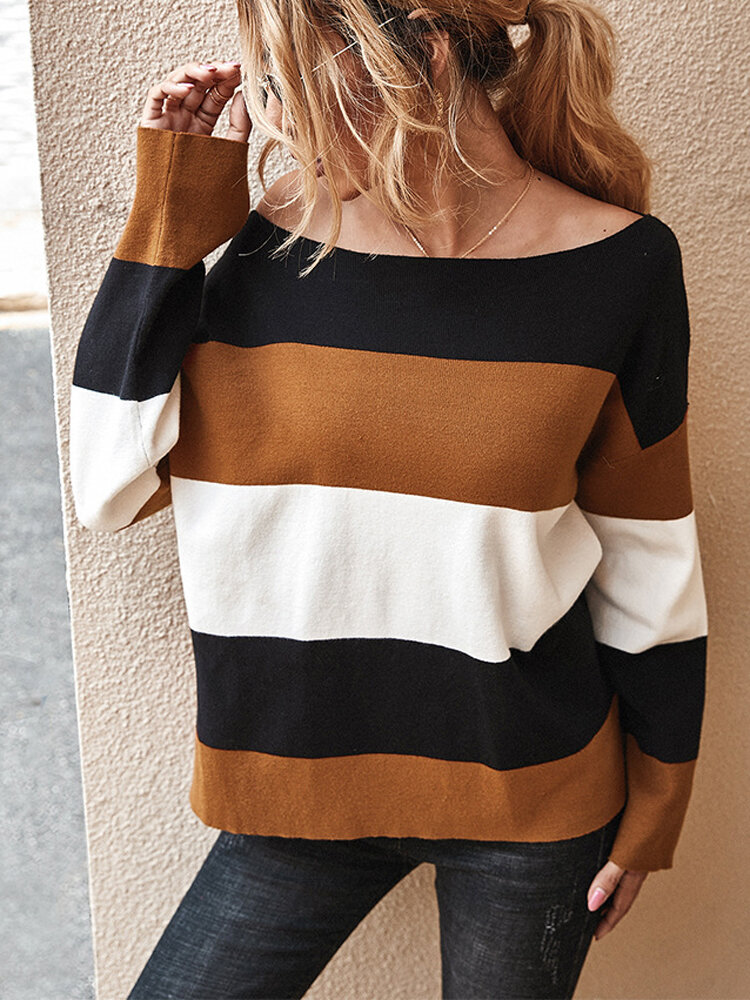 Striped Color Block Knit O-neck Long Sleeve Sweater