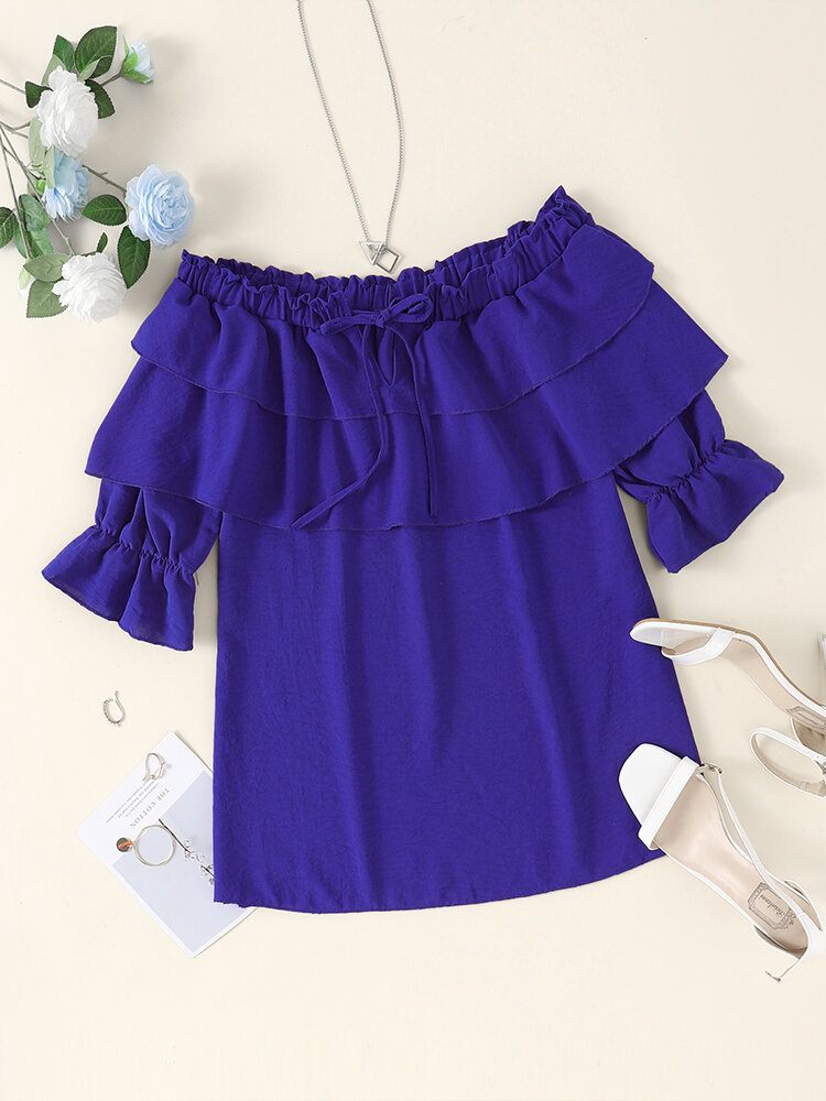 Chiffon Ruffle Tiered Drawstring Solid Off Shoulder Blouse