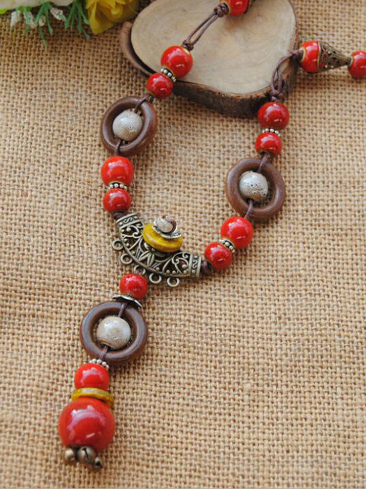 Vintage Multi-shape Beaded Hand-woven Ceramic Beads Alloy Sweater Necklace