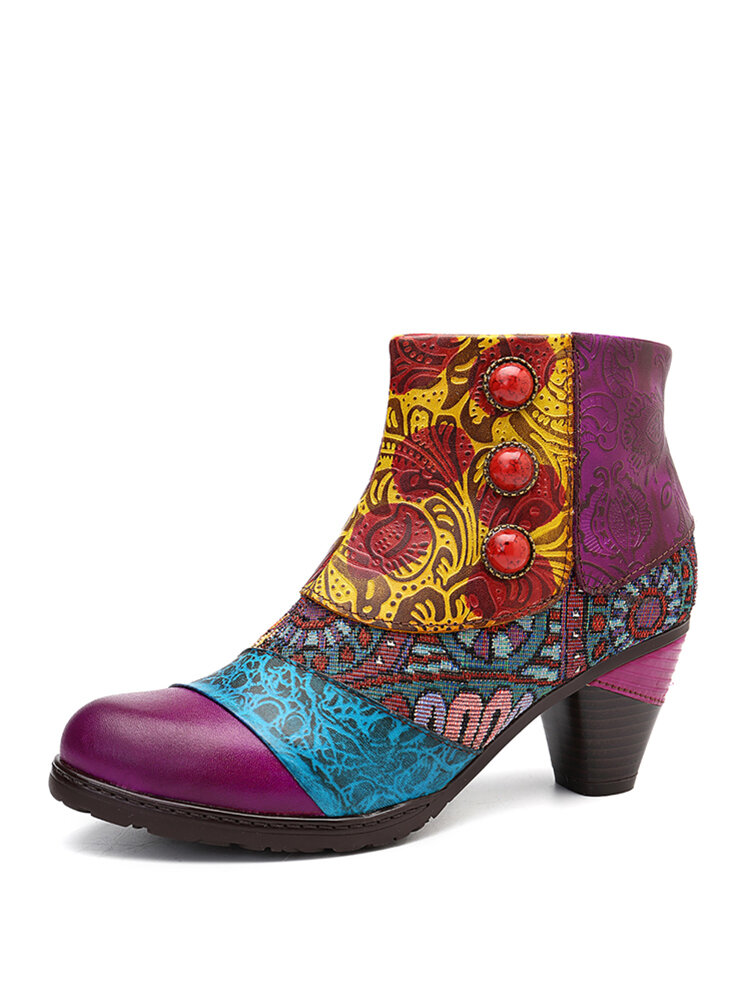 SOCOFY Bohemian Splicing Pattern Button Zipper Ankle Leather Boots