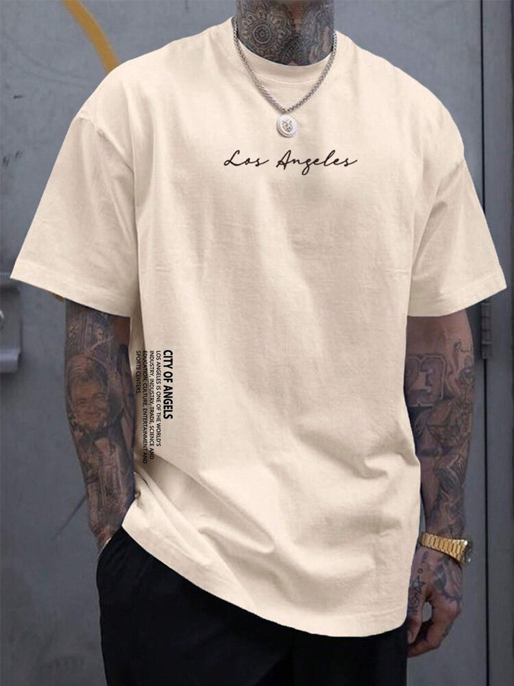 Camisetas masculinas com estampa de letras com gola redonda e manga curta casual