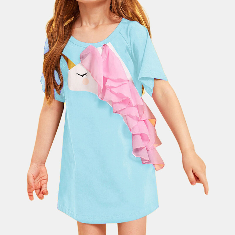 Girl's Unicorn Tulle Splice Short Sleeves Casual Dress For 1-7Y