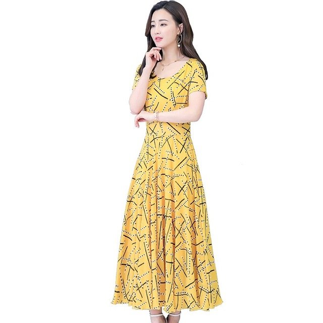 Ladies Temperament Round Neck Was Thin Short-sleeved Long Floral Dress