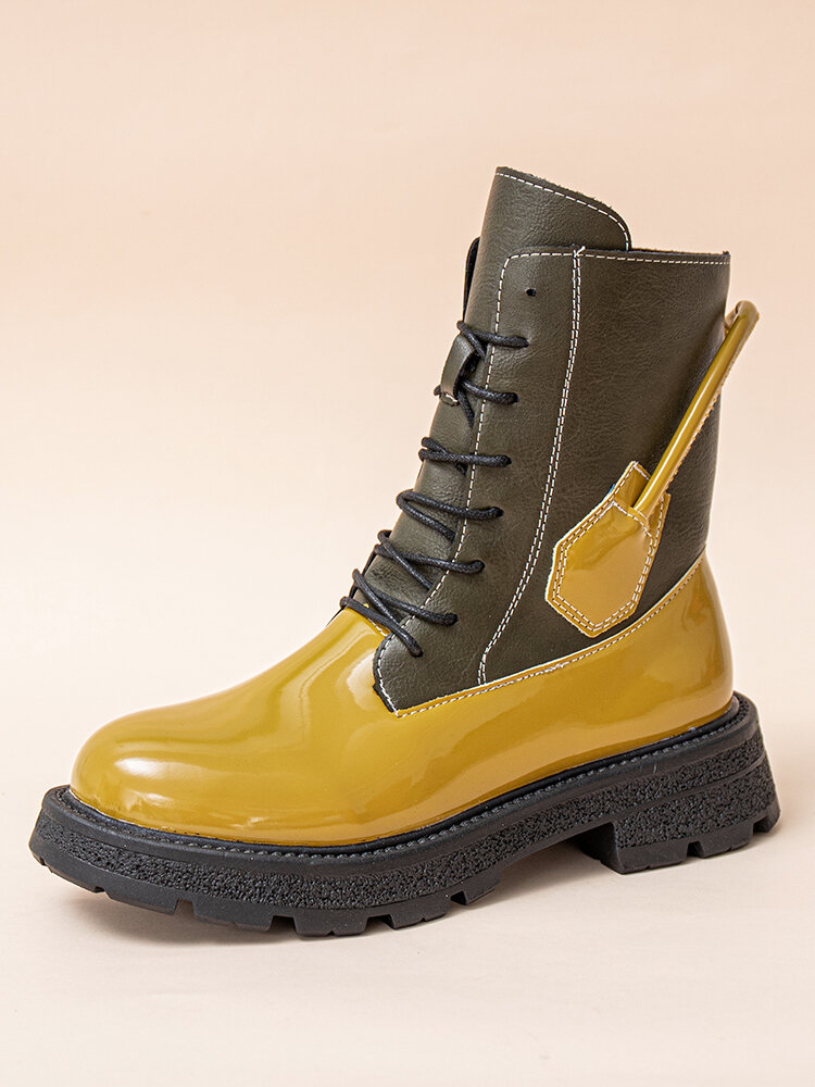 Women Fashion Colorblock Lace-up Tooling Boots
