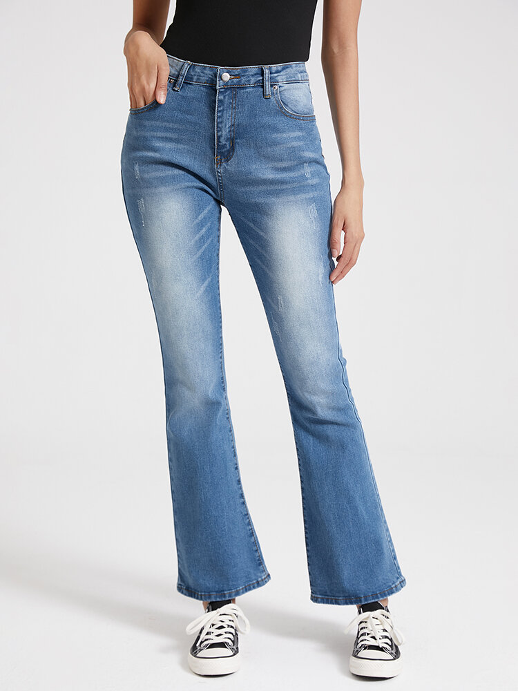 High Waist Pocket Zip Front Buttton Bootcut Denim Jeans
