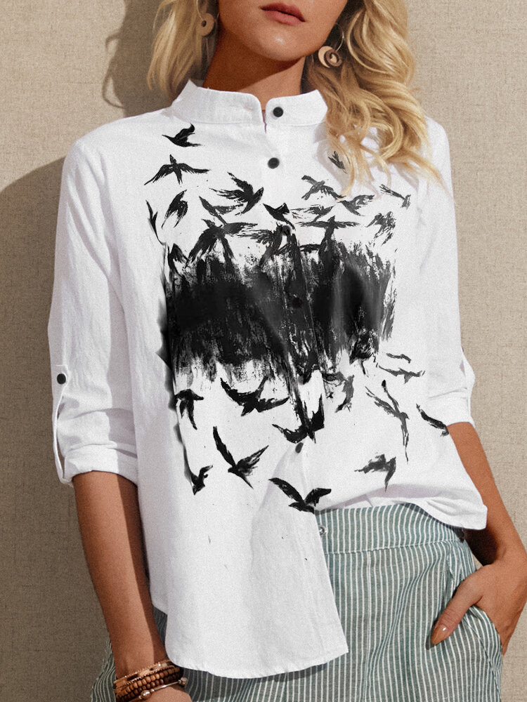 Birds Printed Long Sleeve Stand Color Casual Blouse For Women