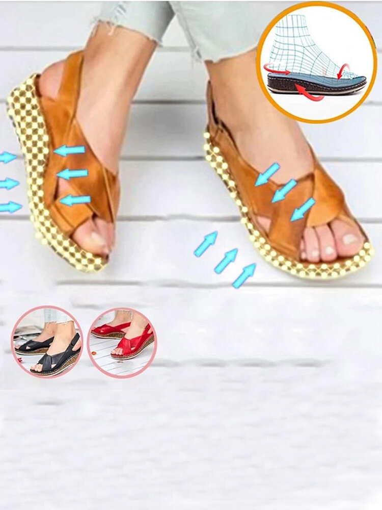 

Plus Size Women Back Strap Hook Loop Comfy Peep Toe Casual Wedges Sandals, Red;black;yellow;blue