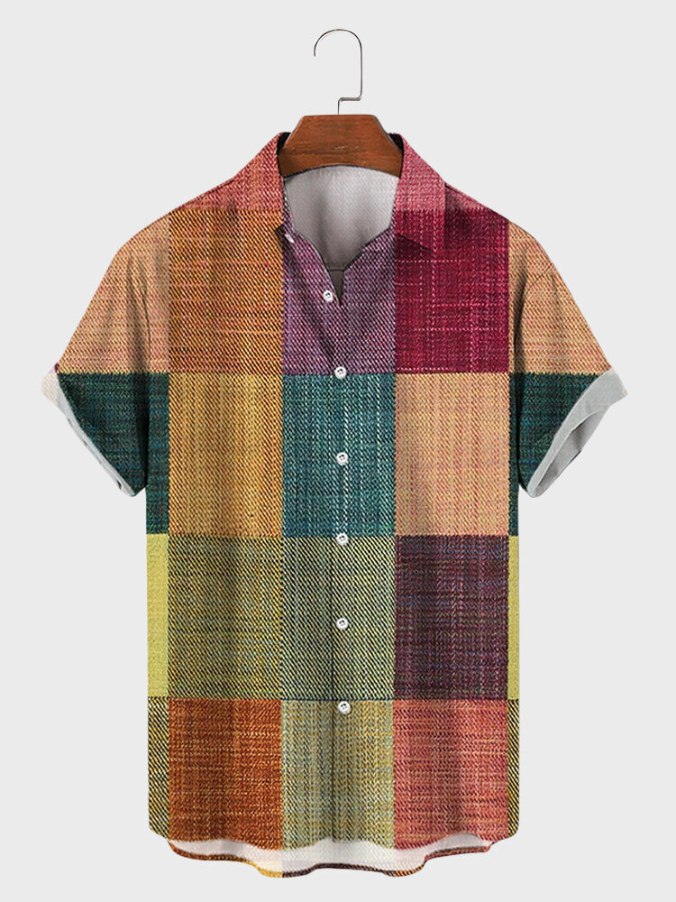 

Mens Color Block Lapel Button Up Short Sleeve Shirts, Colorful