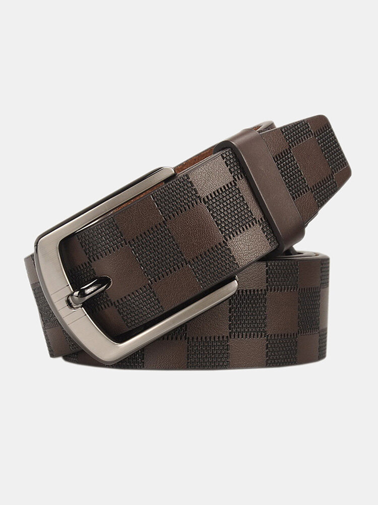 Men Cow Leather Solid Ginning Lattice Alloy D-shaped Pin Buckle Vintage Casual Business Belt