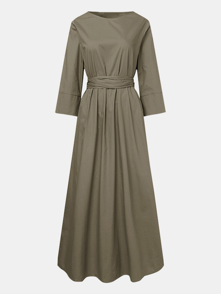 سوليد اللون فستان كاجوال بأكمام طويلة وجيب برقبة دائرية وجيوب خصر للنساء