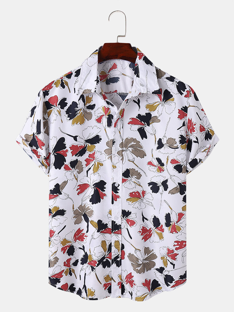 Men Floral Print Button Lapel Short Sleeve Casual Shirts