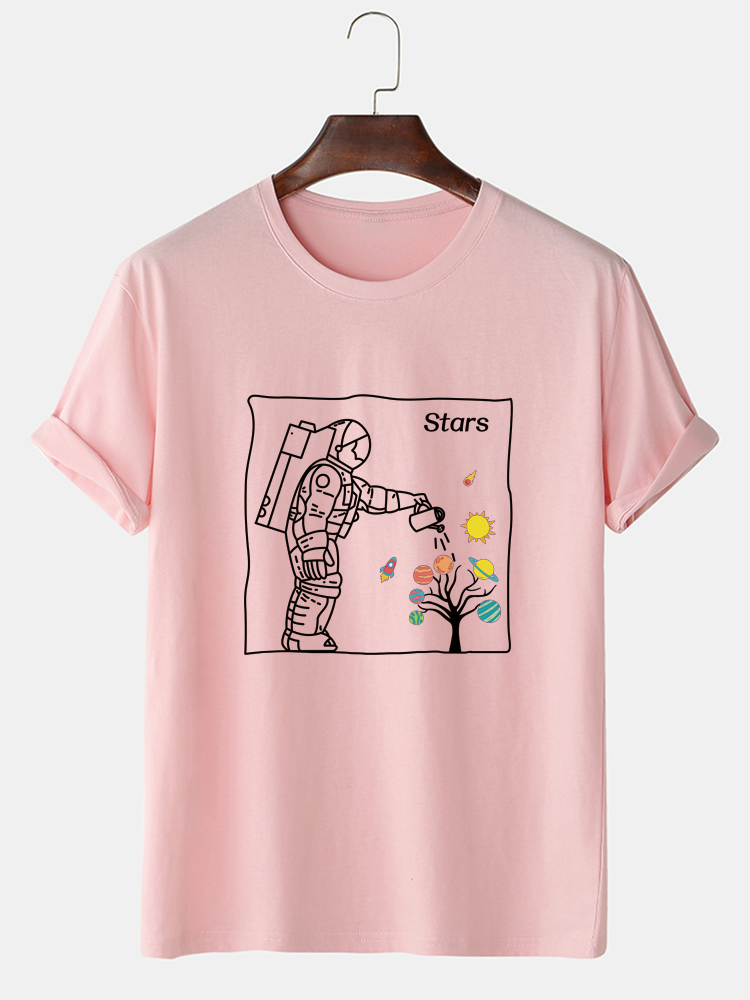 

Mens Cartoon Astronaut Planet Print Casual 100% Cotton Short Sleeve T-Shirts, Apricot;pink;black;navy;white