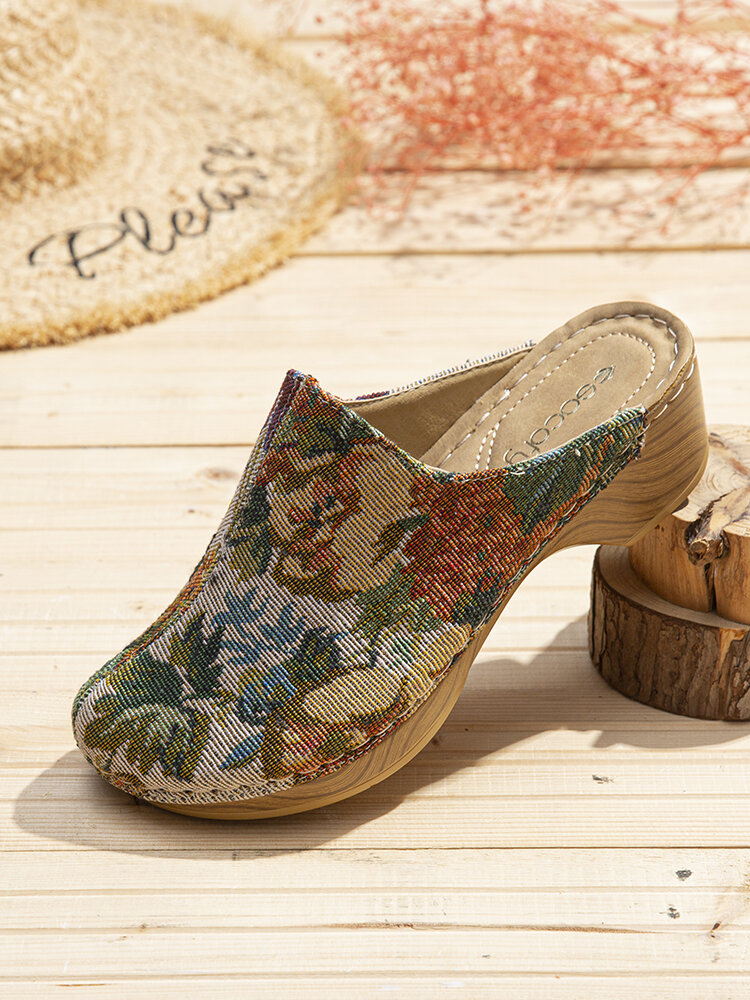 SOCOFY Flower Cloth Pattern Stitching Slip On Mules Clogs Comfy Low Heel Sandals For Easter Gifts