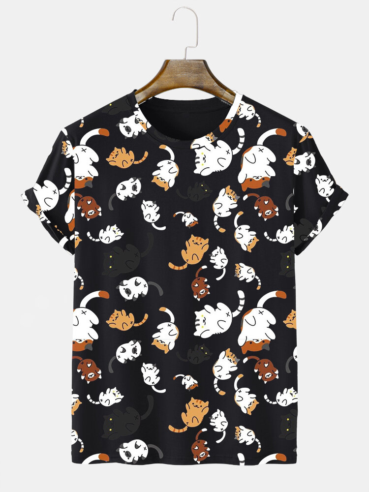 

Mens Allover Cartoon Cat Print Crew Neck Short Sleeve T-Shirts, Black