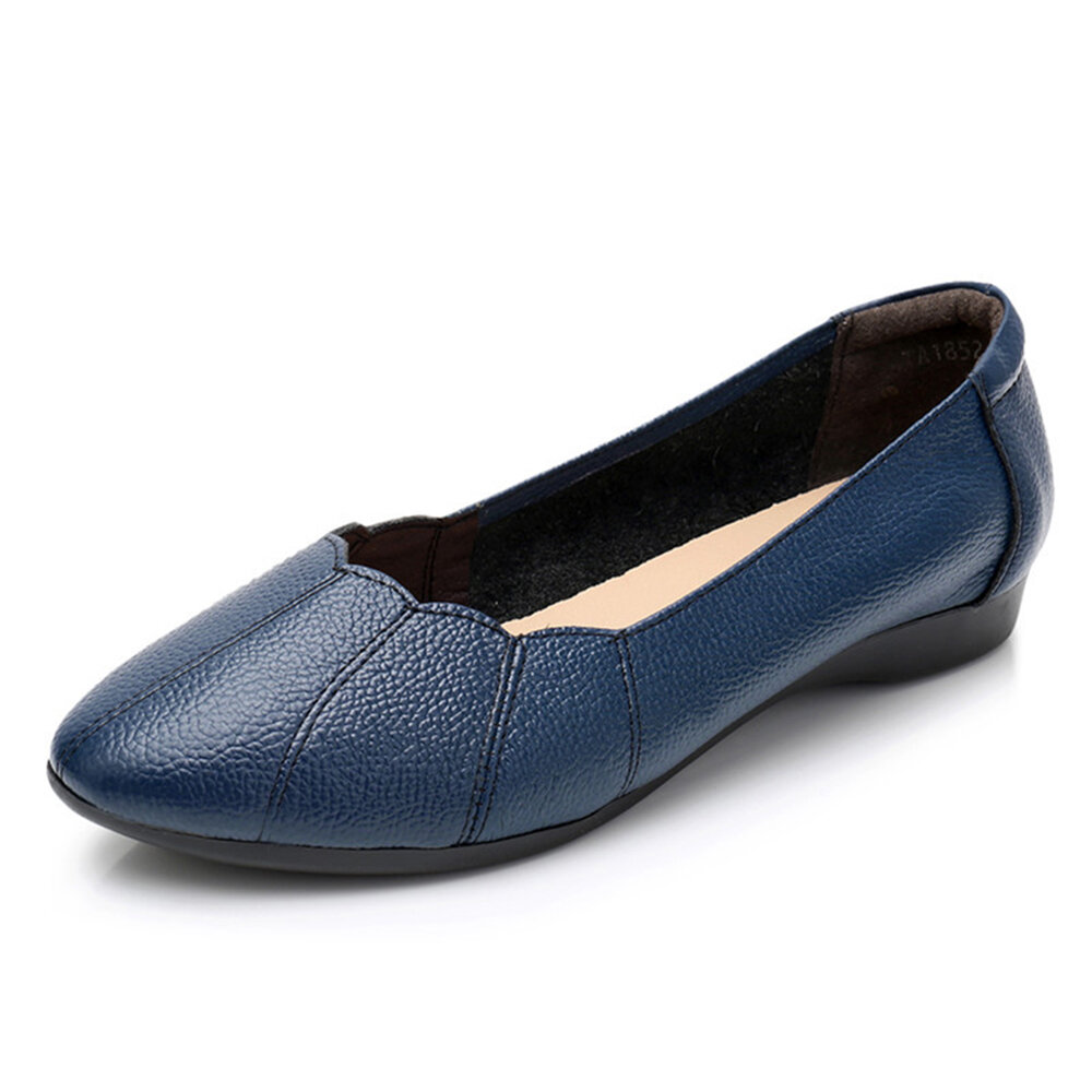 Women Comfy Soft Leather Solid Color Slip On Flats