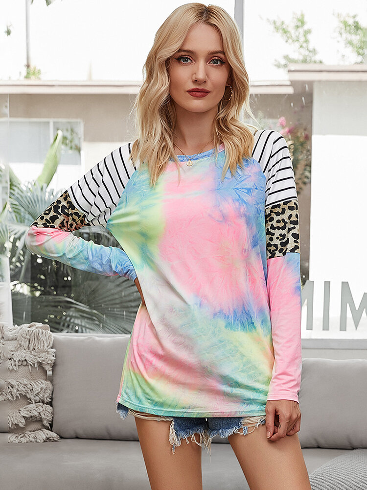 

Leopard Tie-dyed Striped Print Long Sleeves Casual T-shirt, As picture