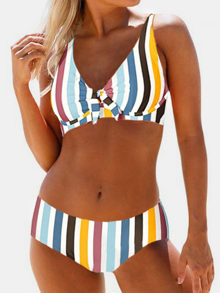 Plus Size Bikinis Multi-Color Striped Tie Front Women Swimsuits