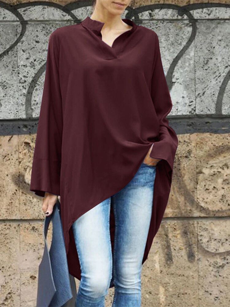 Women Solid Notched Neck High-Low Hem Long Sleeve Blouse