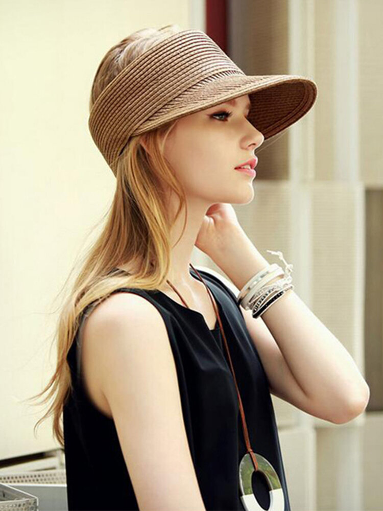 Women Fashion Straw Hats Stripe Pattern Breathable Flexible Leisure Empty Top Hat