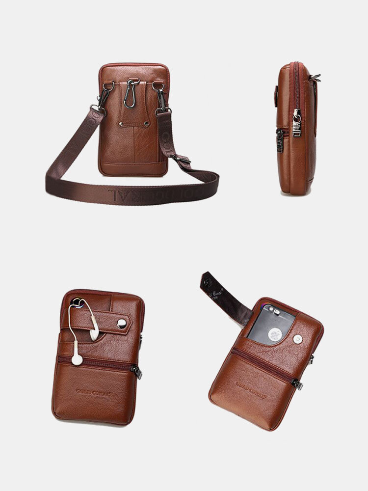 Men Genuine Leather EDC Earphone Hole 6.5 Inch Phone Bag Crossbody Bag Belt Bag