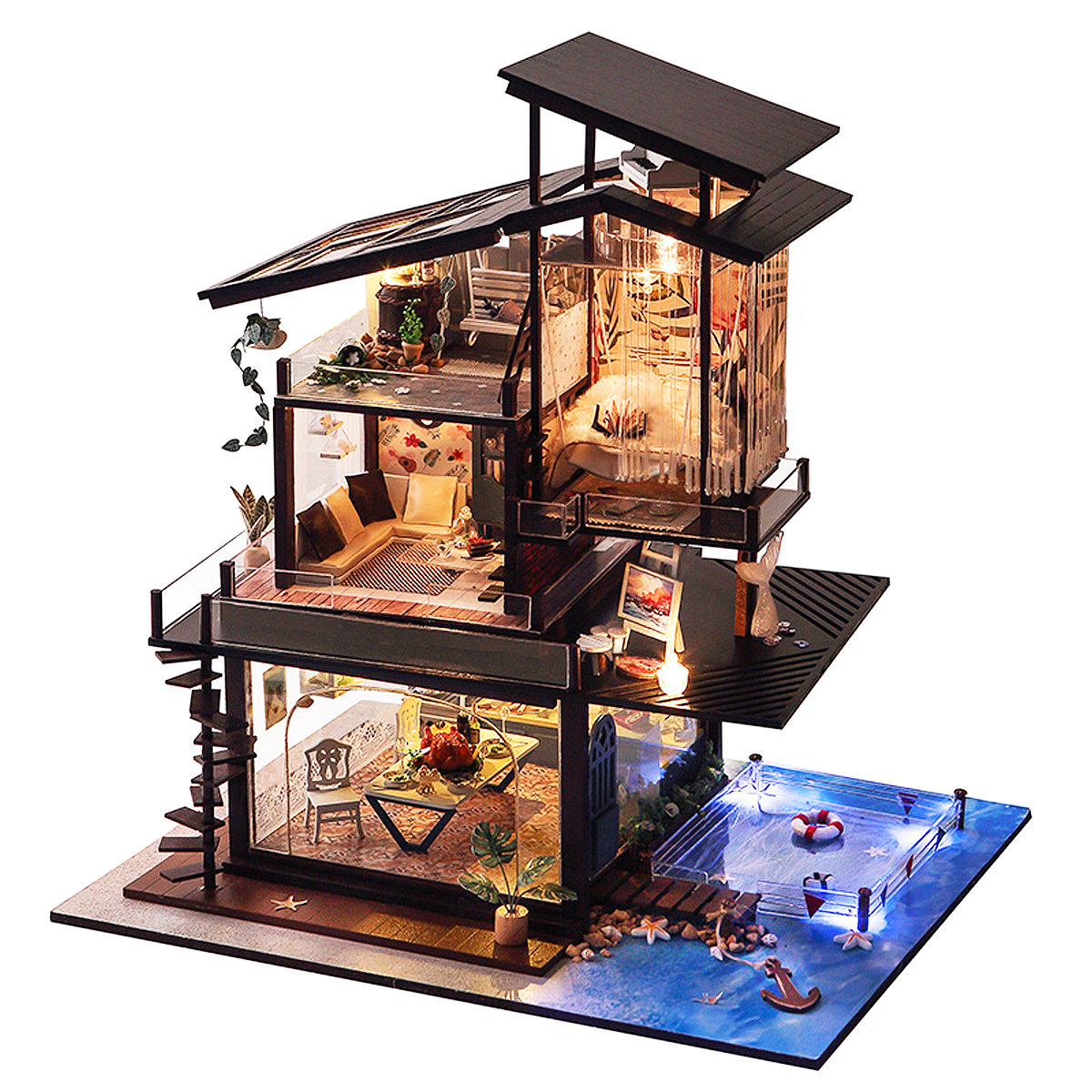 

Dollhouse DIY Coastal Villa Doll House Miniature Furniture Kit Collection Gift