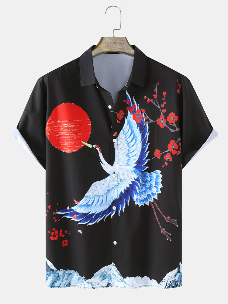 Mens Crane Print Japanese Style Short Sleeve Regular Hem Shirt