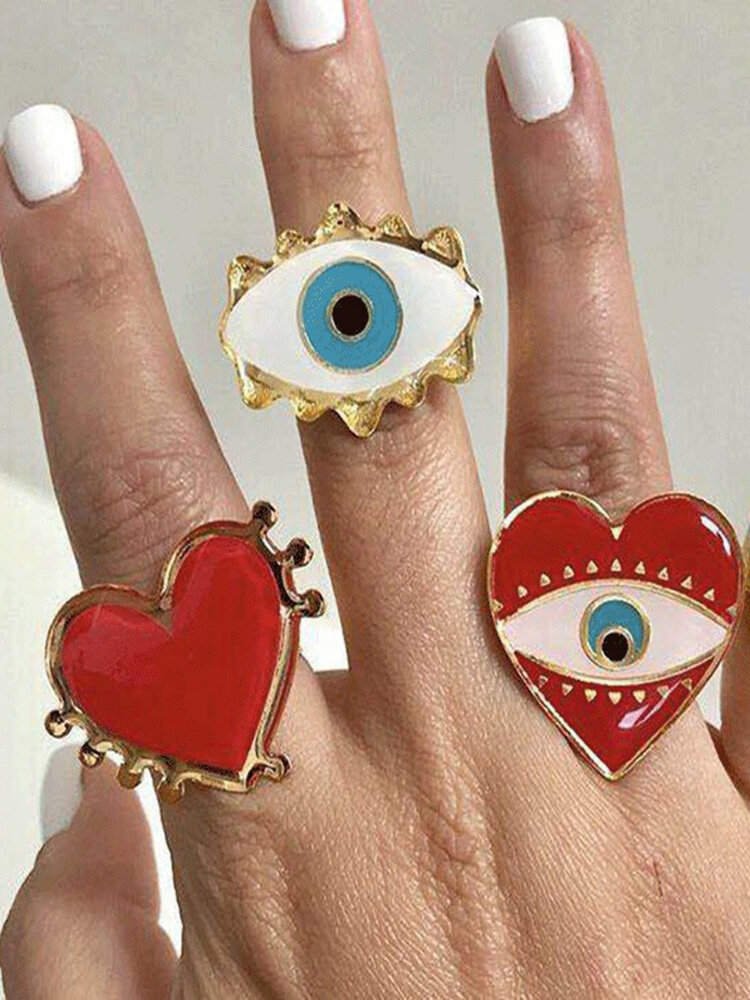 Trendy Devil's Eye Finger Ring Geometric Metal Peach Heart Open Ring Punk Jewelry