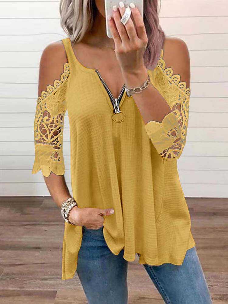 Women Cotton Zip Design Cold Shoulder Lace Sleeve T-Shirt