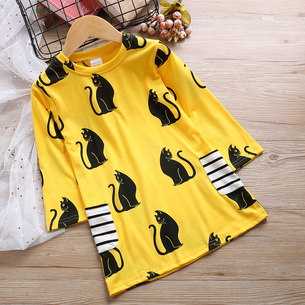 

Cat Pattern Toddler Girls School Long Sleeve Casual Dress For 2Y-9Y, Yellow