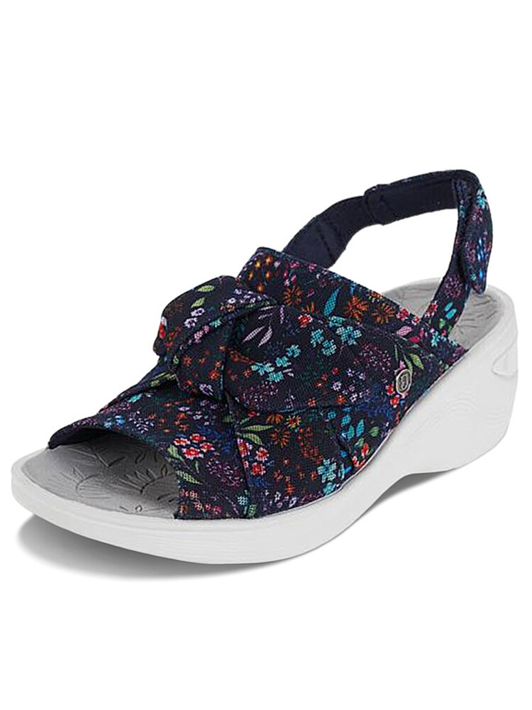 

Women Leopard Floral Print Bowknot Hook & Loop Casual Wedges Sandals, Yellow;red;black;blue;leopard;floral