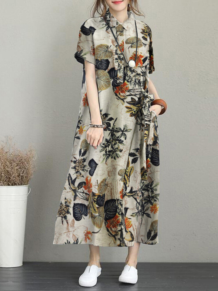 

Plants Print Pocket Belted Short Sleeve Vintage Dress, Yellow;rose;navy