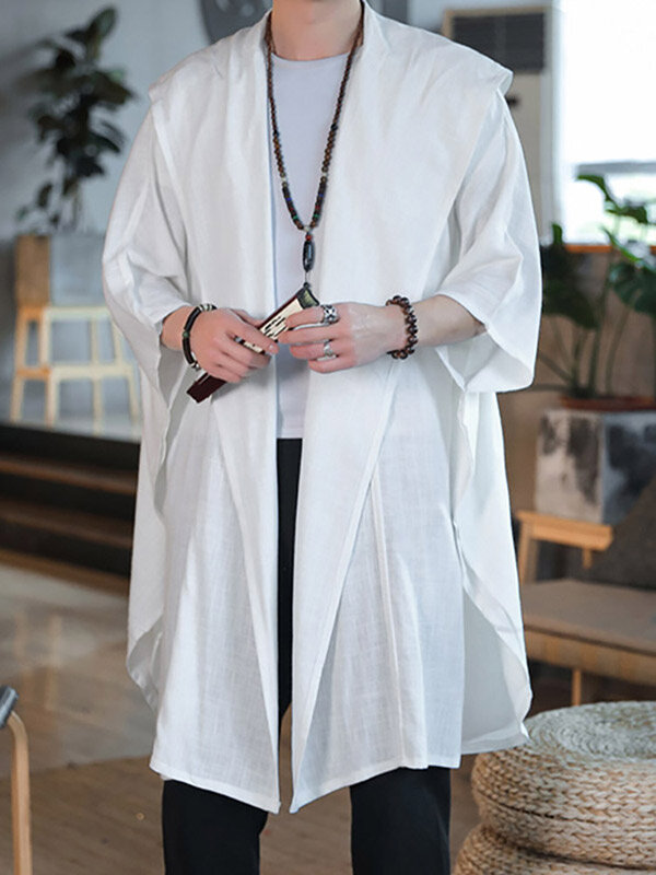 Мужское однотонное свободное кимоно с открытым передом и капюшоном