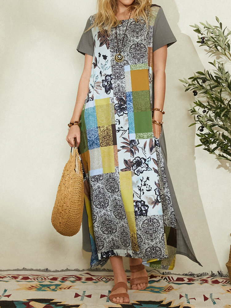 Floral Plaid Print Patchwork Short Sleeve O-neck Maxi Dress