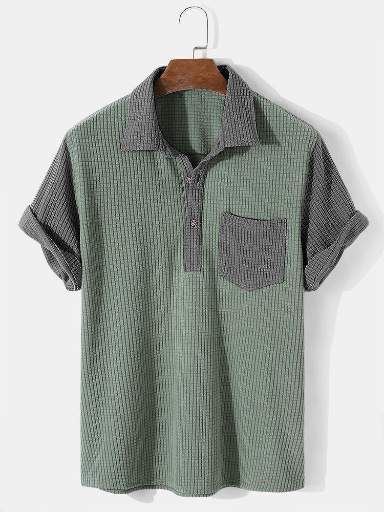 Mens Contrasting Color Patchwork Jacquard Preppy Short Sleeve Henley Shirt